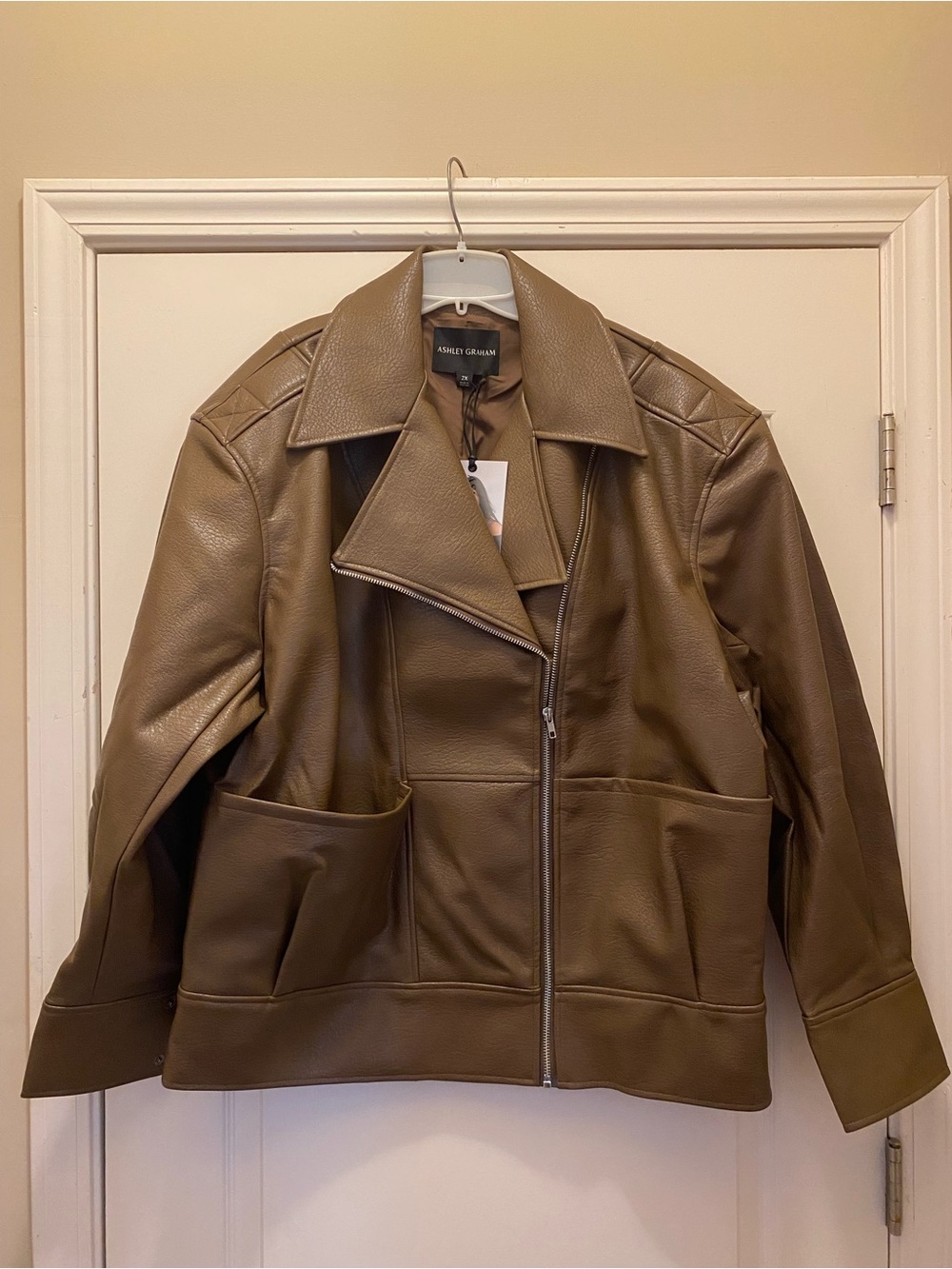 Ashley Graham Light Brown Flux Leather Zip Jacket
